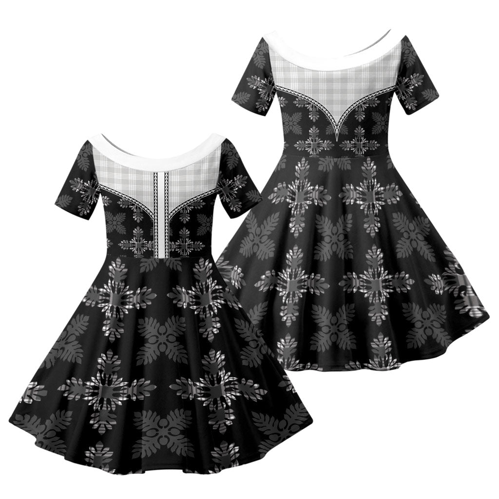 Black Hawaii Paniolo Quilt Motif Family Matching Off Shoulder Maxi Dress and Hawaiian Shirt