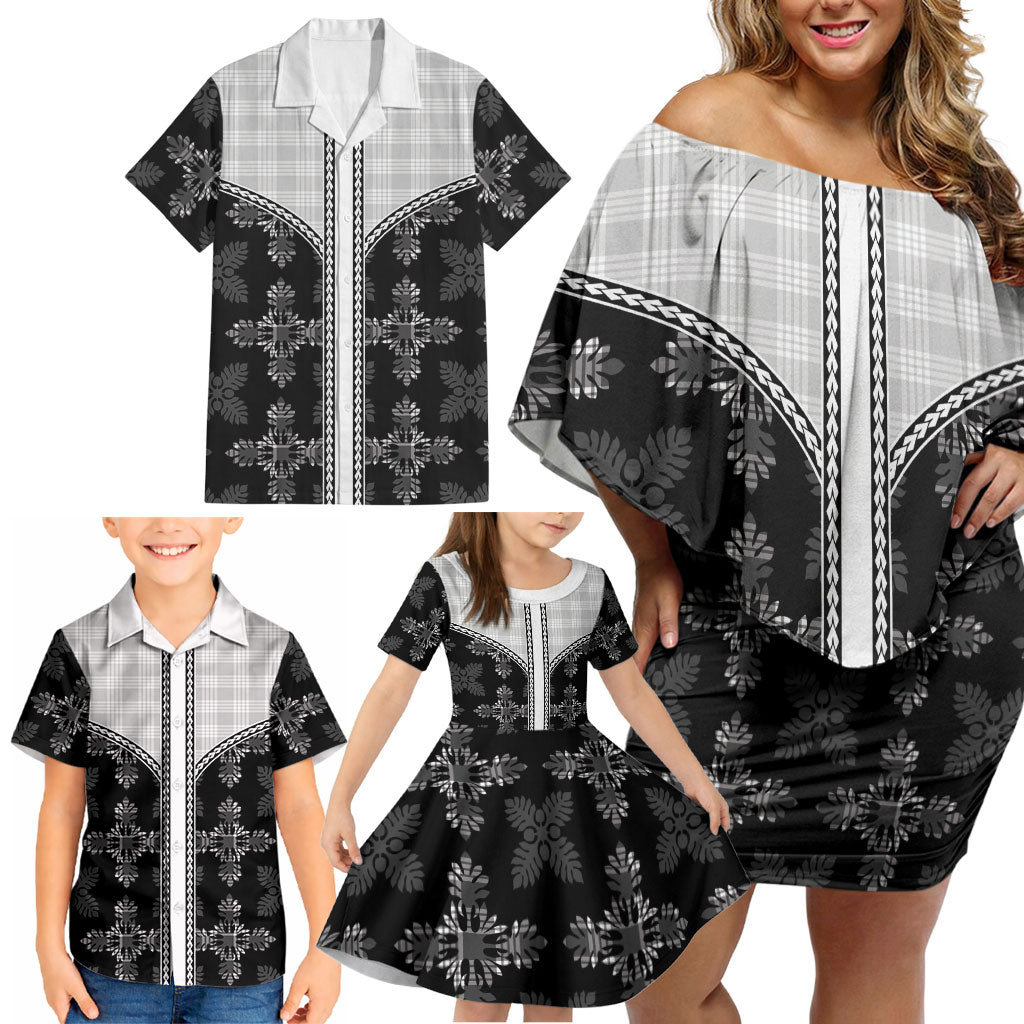 Black Hawaii Paniolo Quilt Motif Family Matching Off Shoulder Short Dress and Hawaiian Shirt