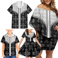 Black Hawaii Paniolo Quilt Motif Family Matching Off Shoulder Short Dress and Hawaiian Shirt