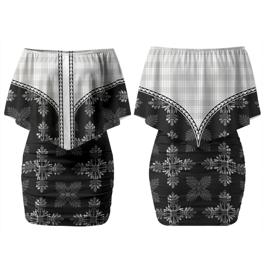Black Hawaii Paniolo Quilt Motif Family Matching Off Shoulder Short Dress and Hawaiian Shirt