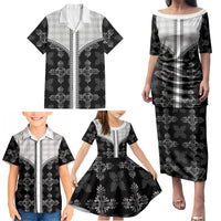 Black Hawaii Paniolo Quilt Motif Family Matching Puletasi and Hawaiian Shirt