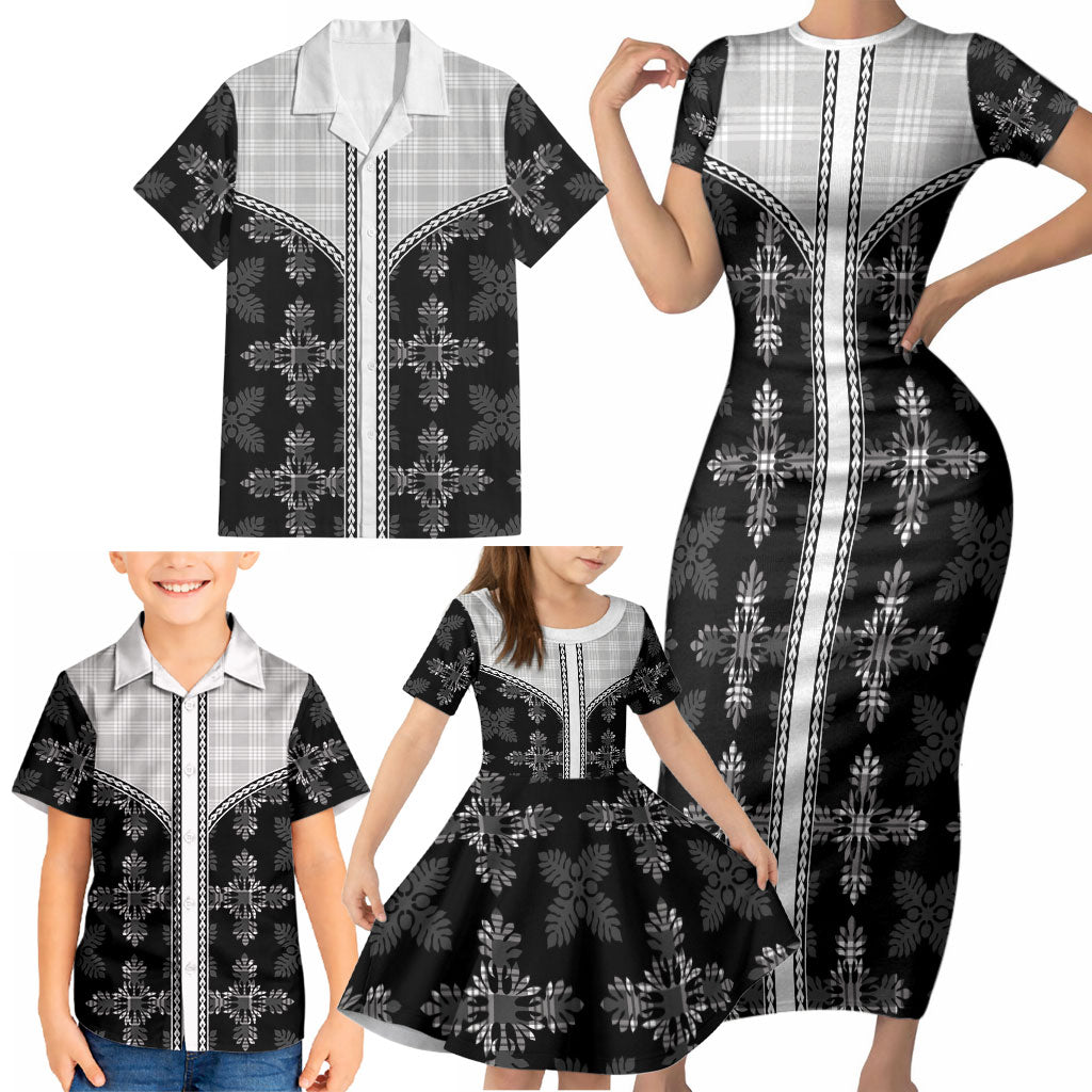 Black Hawaii Paniolo Quilt Motif Family Matching Short Sleeve Bodycon Dress and Hawaiian Shirt