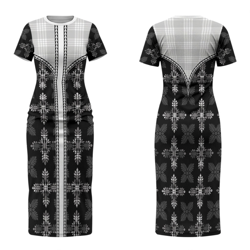 Black Hawaii Paniolo Quilt Motif Family Matching Short Sleeve Bodycon Dress and Hawaiian Shirt