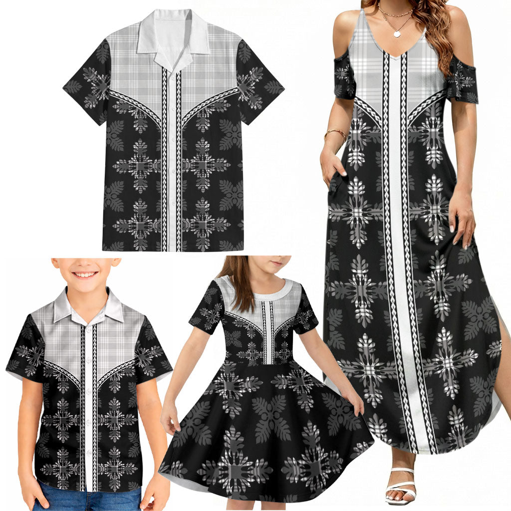 Black Hawaii Paniolo Quilt Motif Family Matching Summer Maxi Dress and Hawaiian Shirt