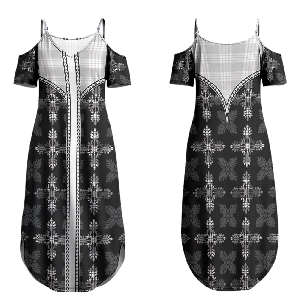 Black Hawaii Paniolo Quilt Motif Family Matching Summer Maxi Dress and Hawaiian Shirt