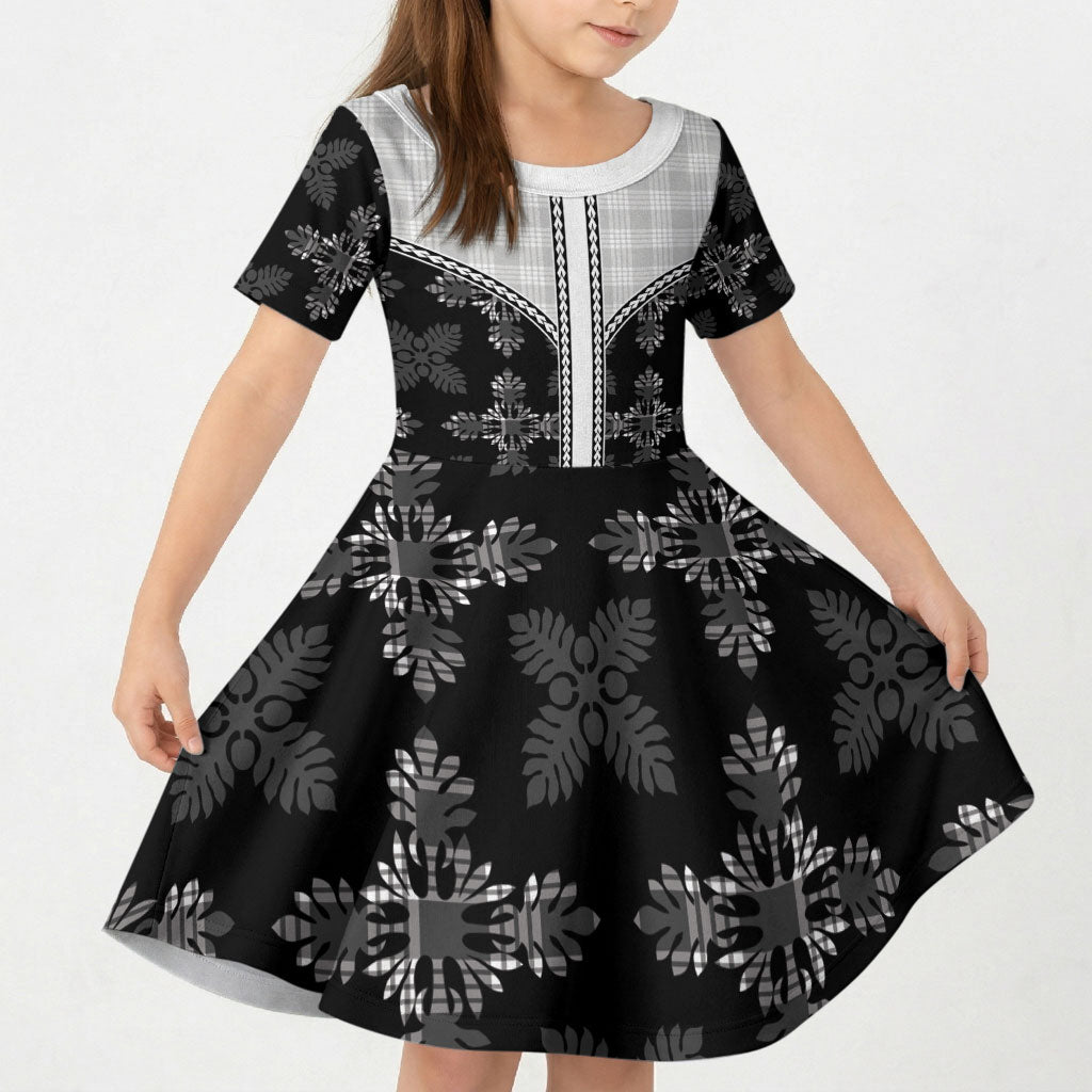 Black Hawaii Paniolo Quilt Motif Kid Short Sleeve Dress LT05 KID Black - Polynesian Pride