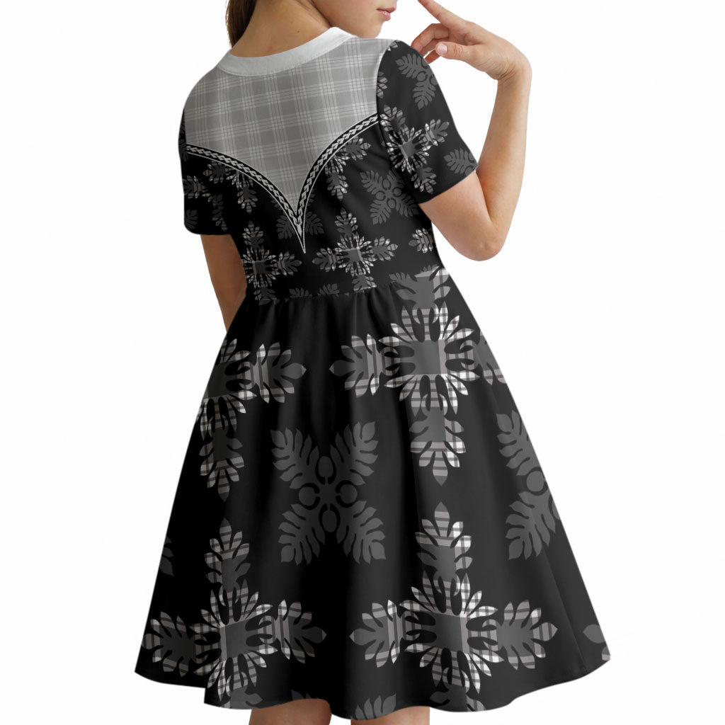 Black Hawaii Paniolo Quilt Motif Kid Short Sleeve Dress