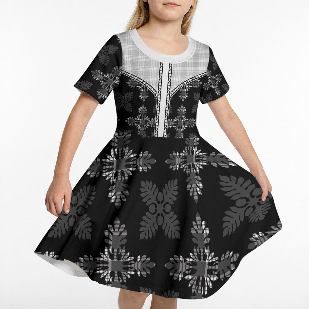 Black Hawaii Paniolo Quilt Motif Kid Short Sleeve Dress