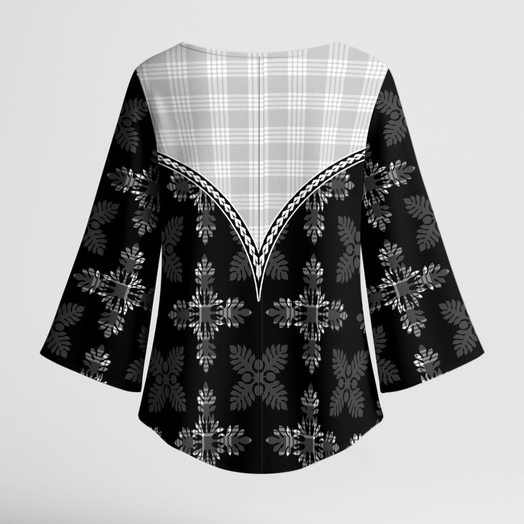Black Hawaii Paniolo Quilt Motif Kimono Sleeve Blouse