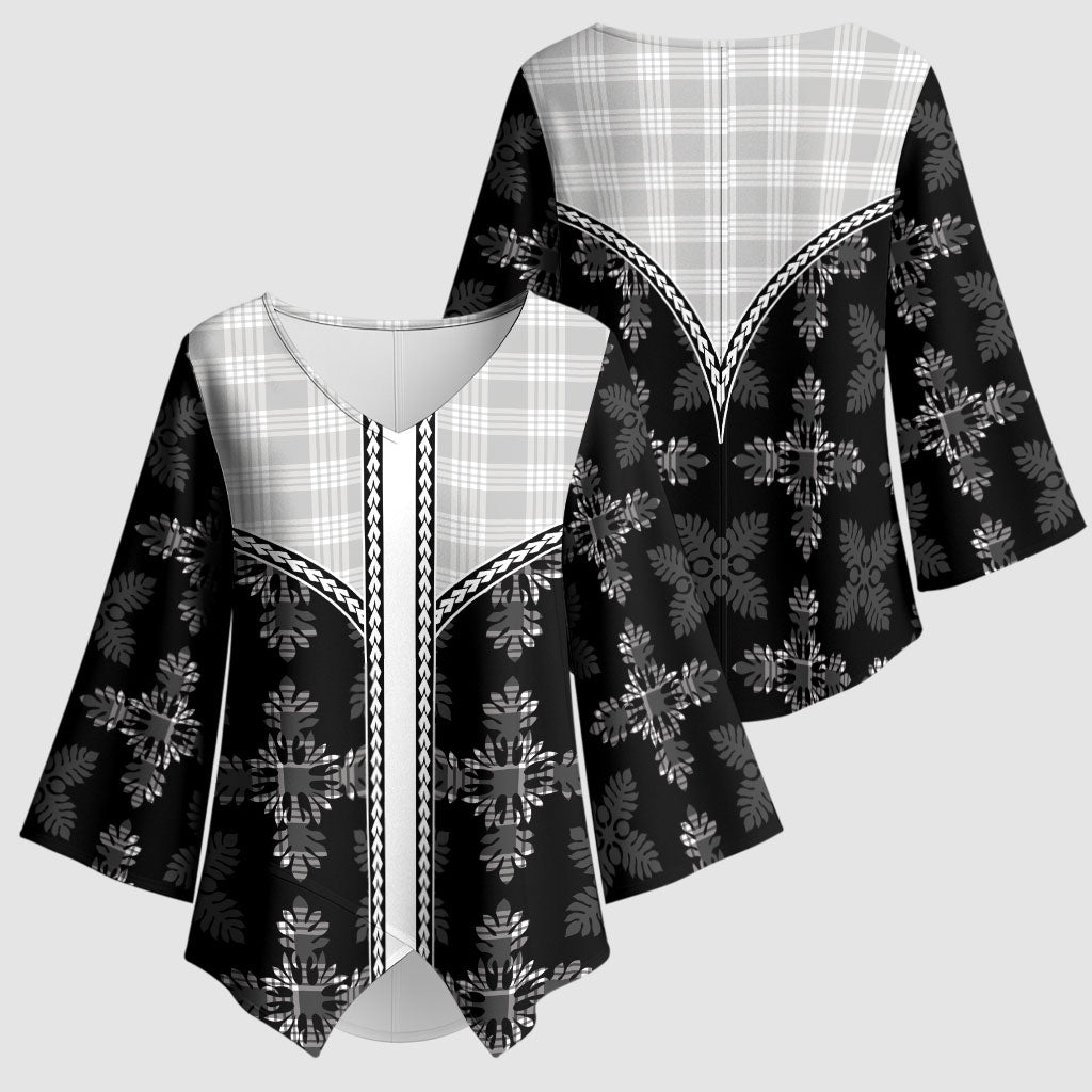 Black Hawaii Paniolo Quilt Motif Kimono Sleeve Blouse