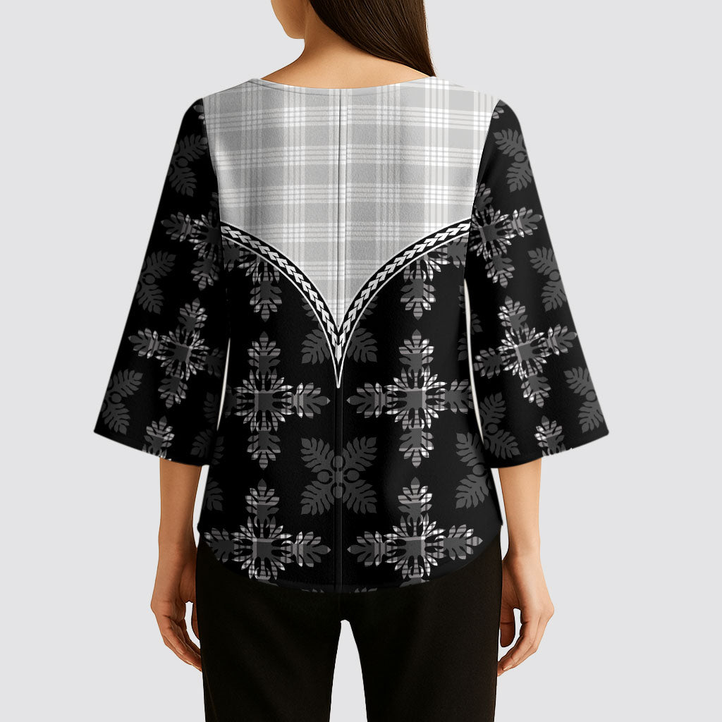 Black Hawaii Paniolo Quilt Motif Kimono Sleeve Blouse