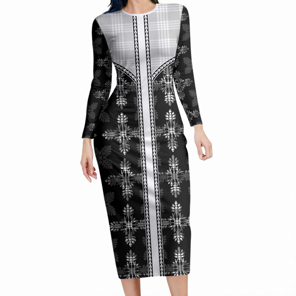 Black Hawaii Paniolo Quilt Motif Long Sleeve Bodycon Dress LT05 Long Dress Black - Polynesian Pride