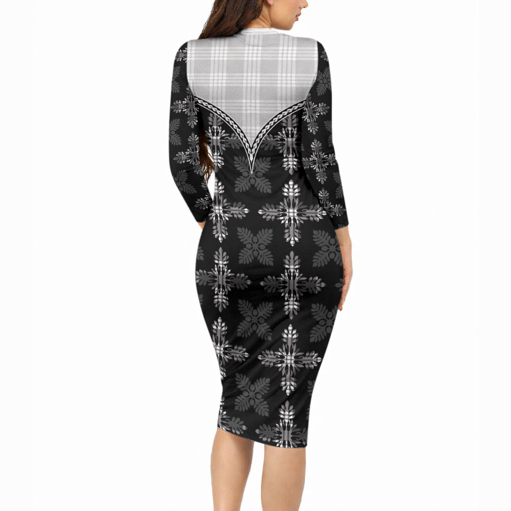 Black Hawaii Paniolo Quilt Motif Long Sleeve Bodycon Dress