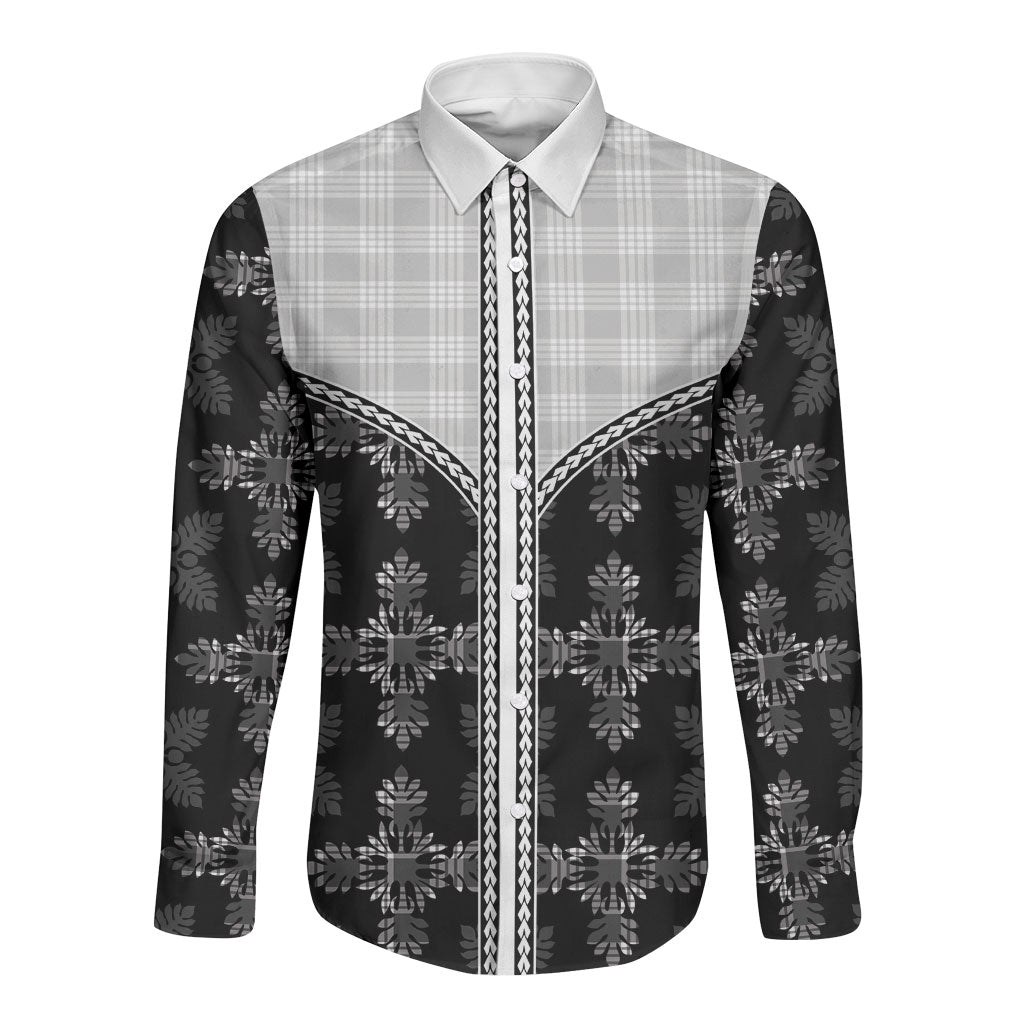 Black Hawaii Paniolo Quilt Motif Long Sleeve Button Shirt
