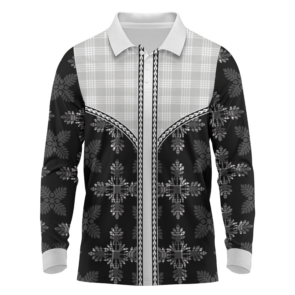 Black Hawaii Paniolo Quilt Motif Long Sleeve Polo Shirt LT05 Black - Polynesian Pride