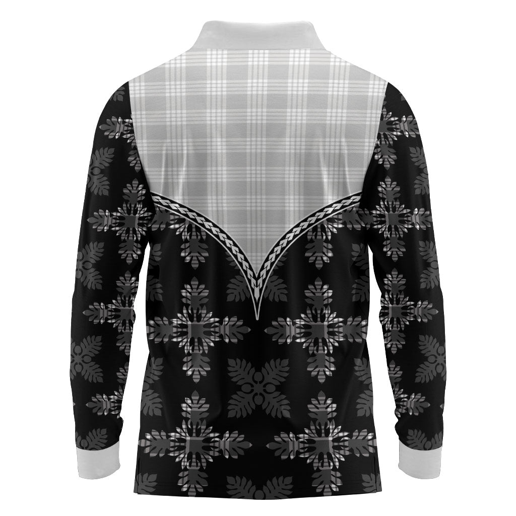 Black Hawaii Paniolo Quilt Motif Long Sleeve Polo Shirt