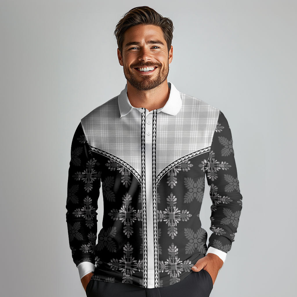 Black Hawaii Paniolo Quilt Motif Long Sleeve Polo Shirt