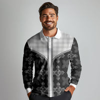 Black Hawaii Paniolo Quilt Motif Long Sleeve Polo Shirt