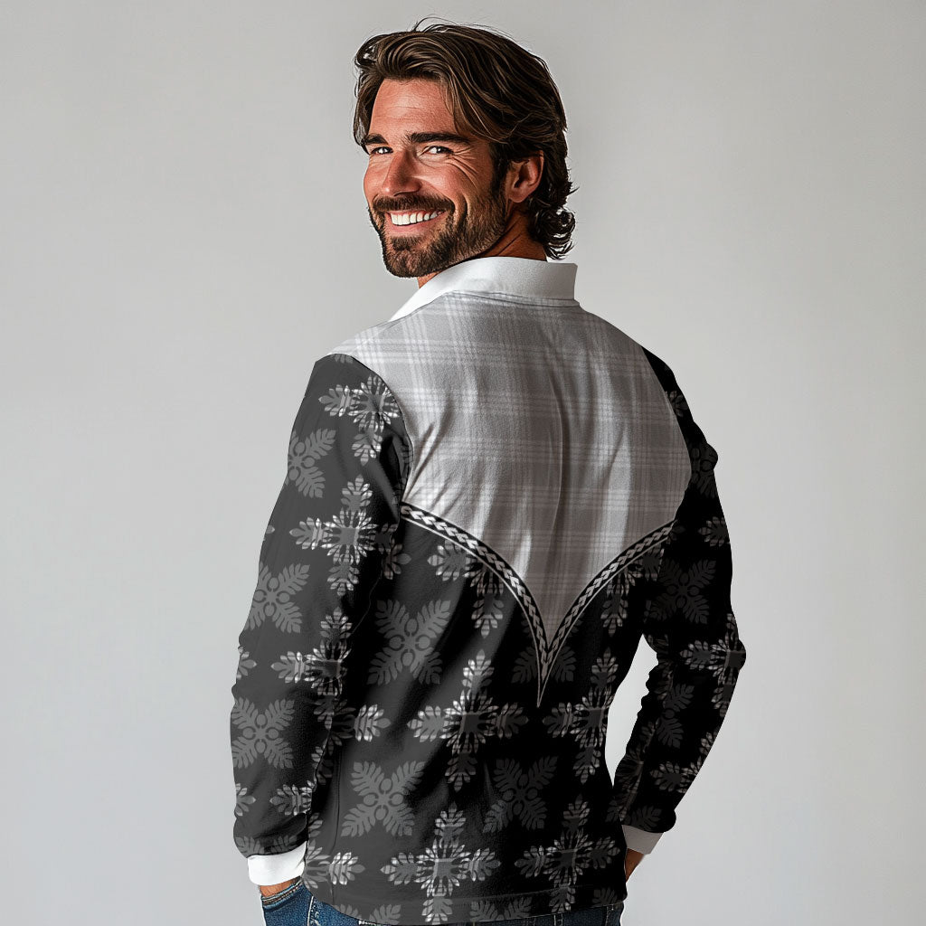 Black Hawaii Paniolo Quilt Motif Long Sleeve Polo Shirt