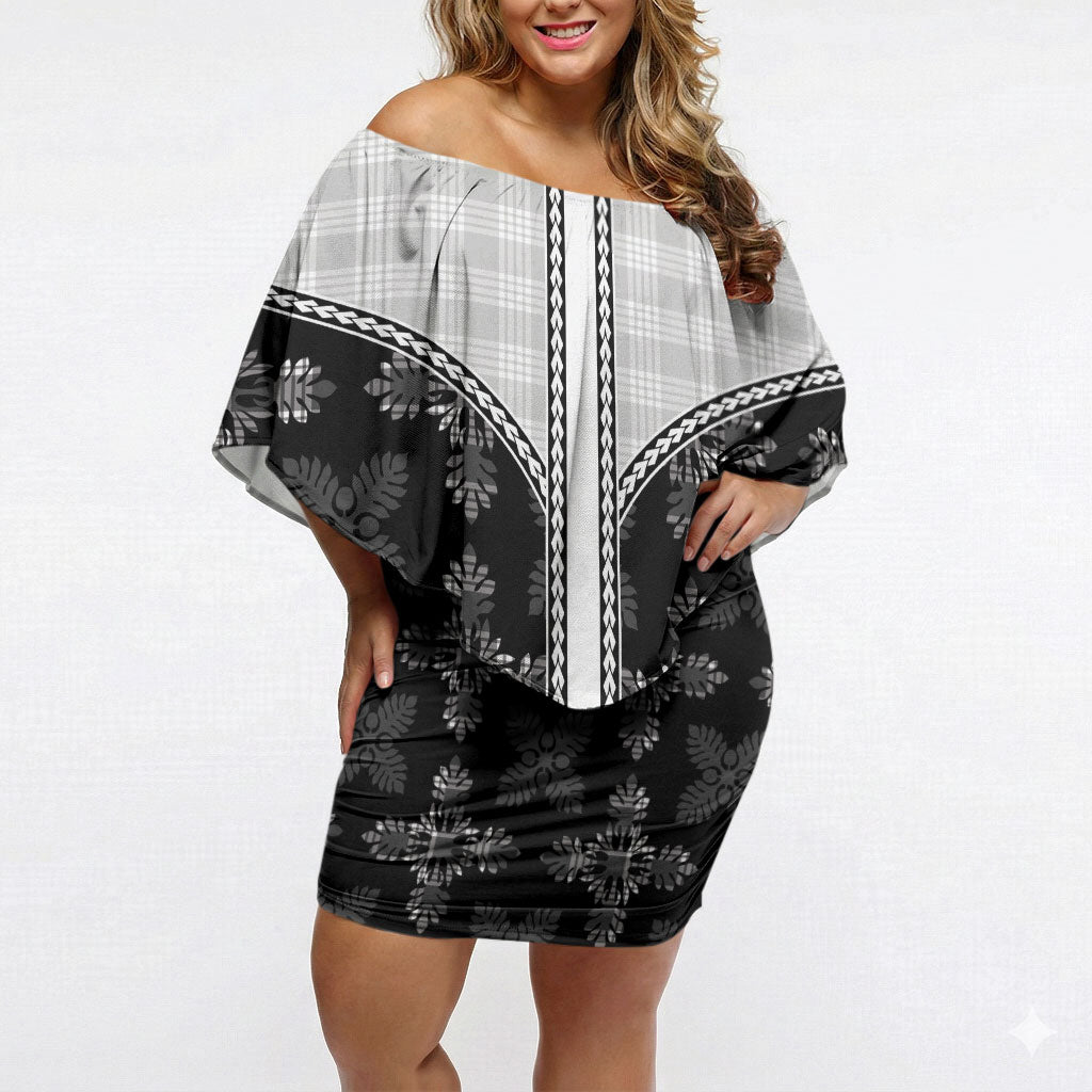 Black Hawaii Paniolo Quilt Motif Off Shoulder Short Dress