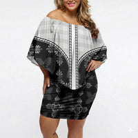 Black Hawaii Paniolo Quilt Motif Off Shoulder Short Dress