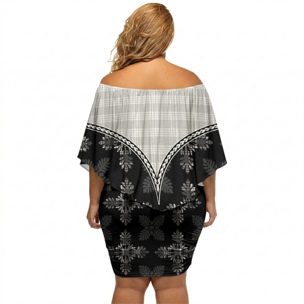 Black Hawaii Paniolo Quilt Motif Off Shoulder Short Dress
