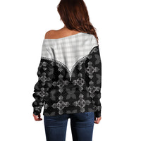 Black Hawaii Paniolo Quilt Motif Off Shoulder Sweater