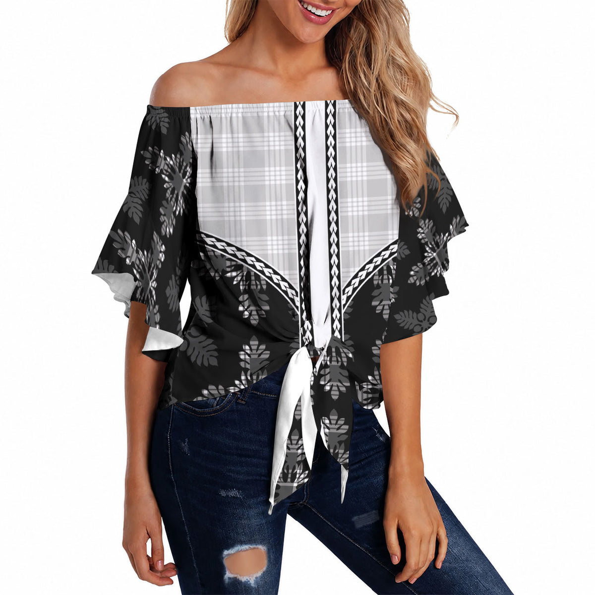 Black Hawaii Paniolo Quilt Motif Off Shoulder Wrap Waist Top