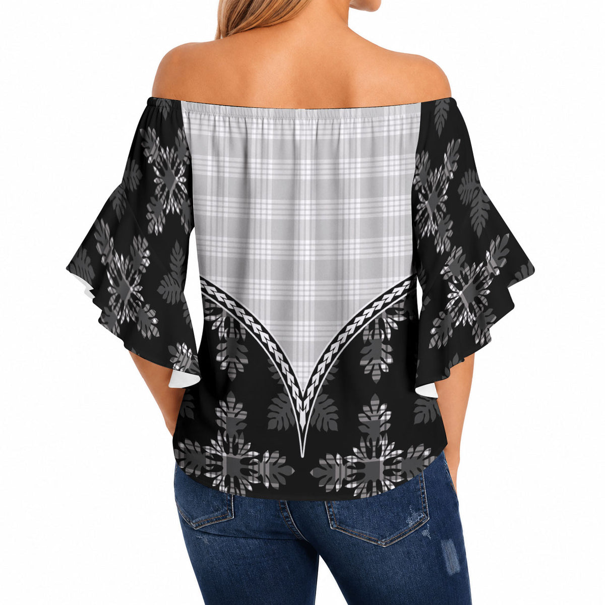 Black Hawaii Paniolo Quilt Motif Off Shoulder Wrap Waist Top