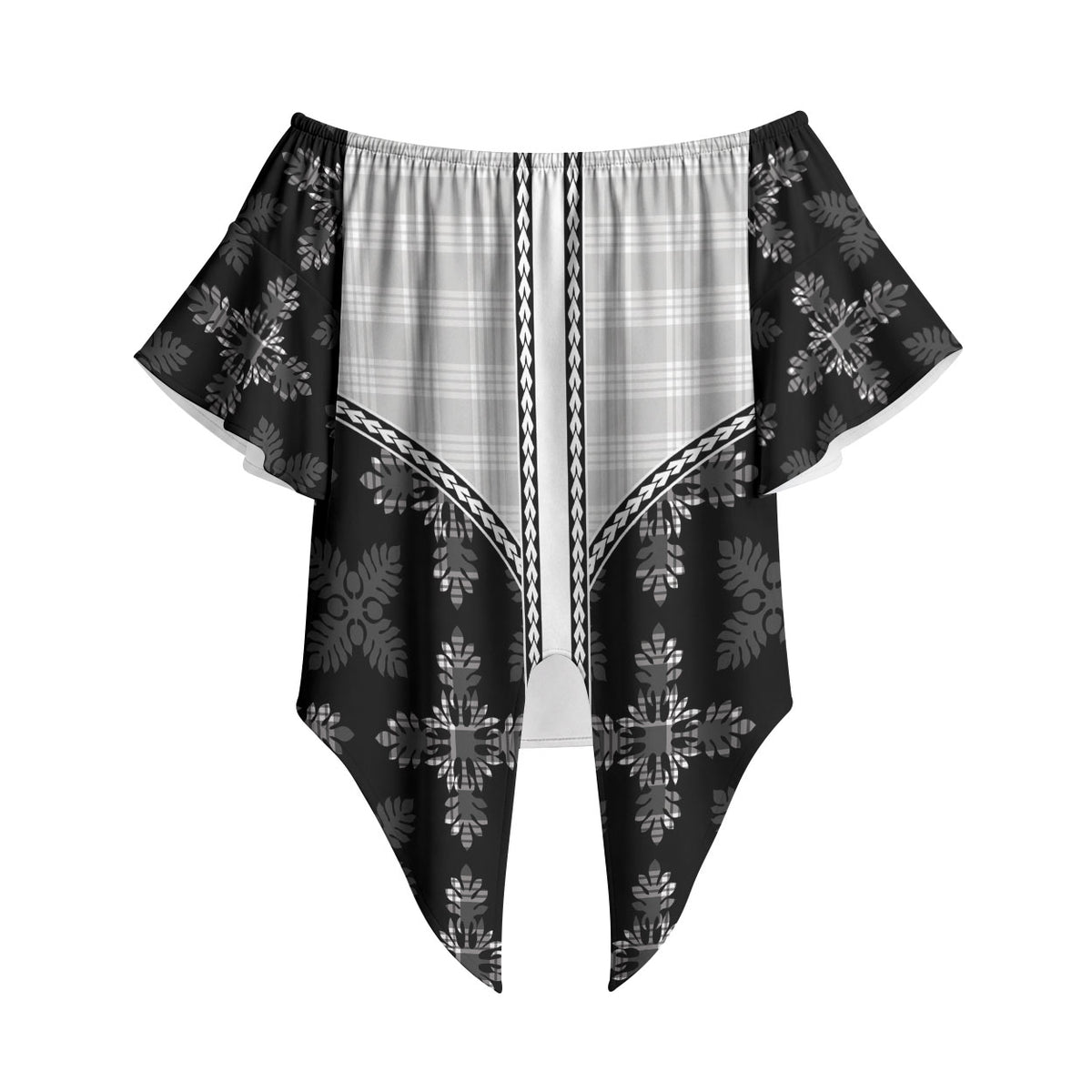 Black Hawaii Paniolo Quilt Motif Off Shoulder Wrap Waist Top