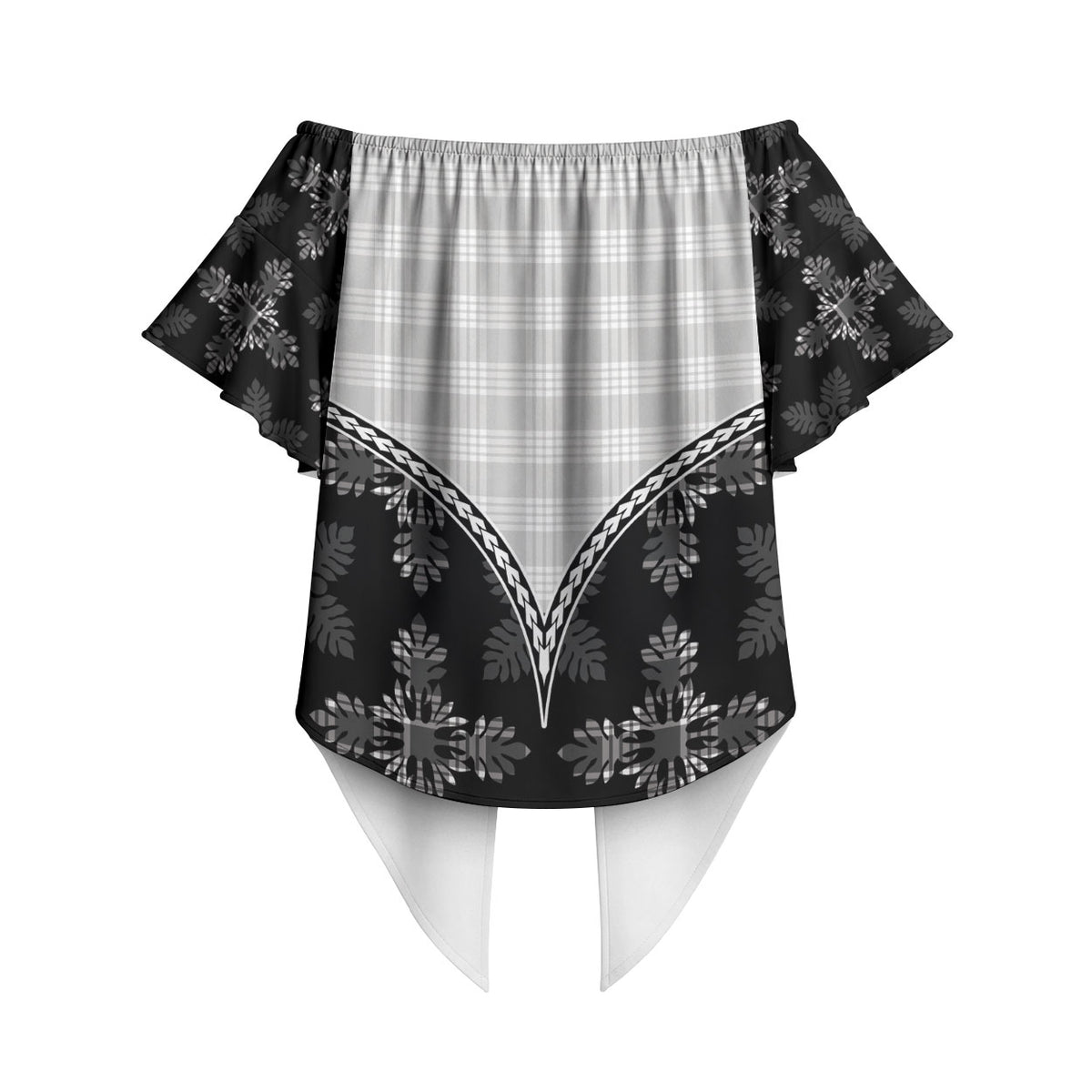 Black Hawaii Paniolo Quilt Motif Off Shoulder Wrap Waist Top