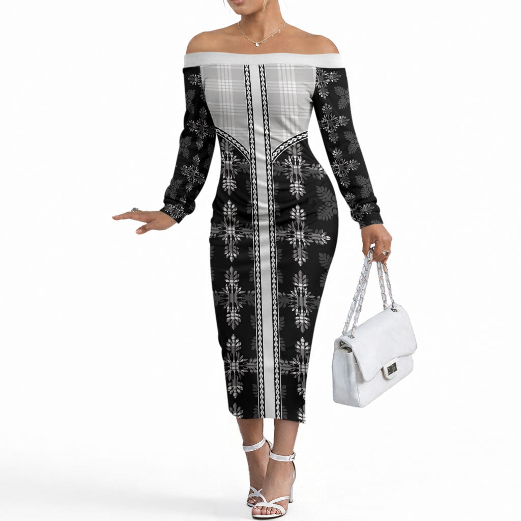 Black Hawaii Paniolo Quilt Motif Off The Shoulder Long Sleeve Dress