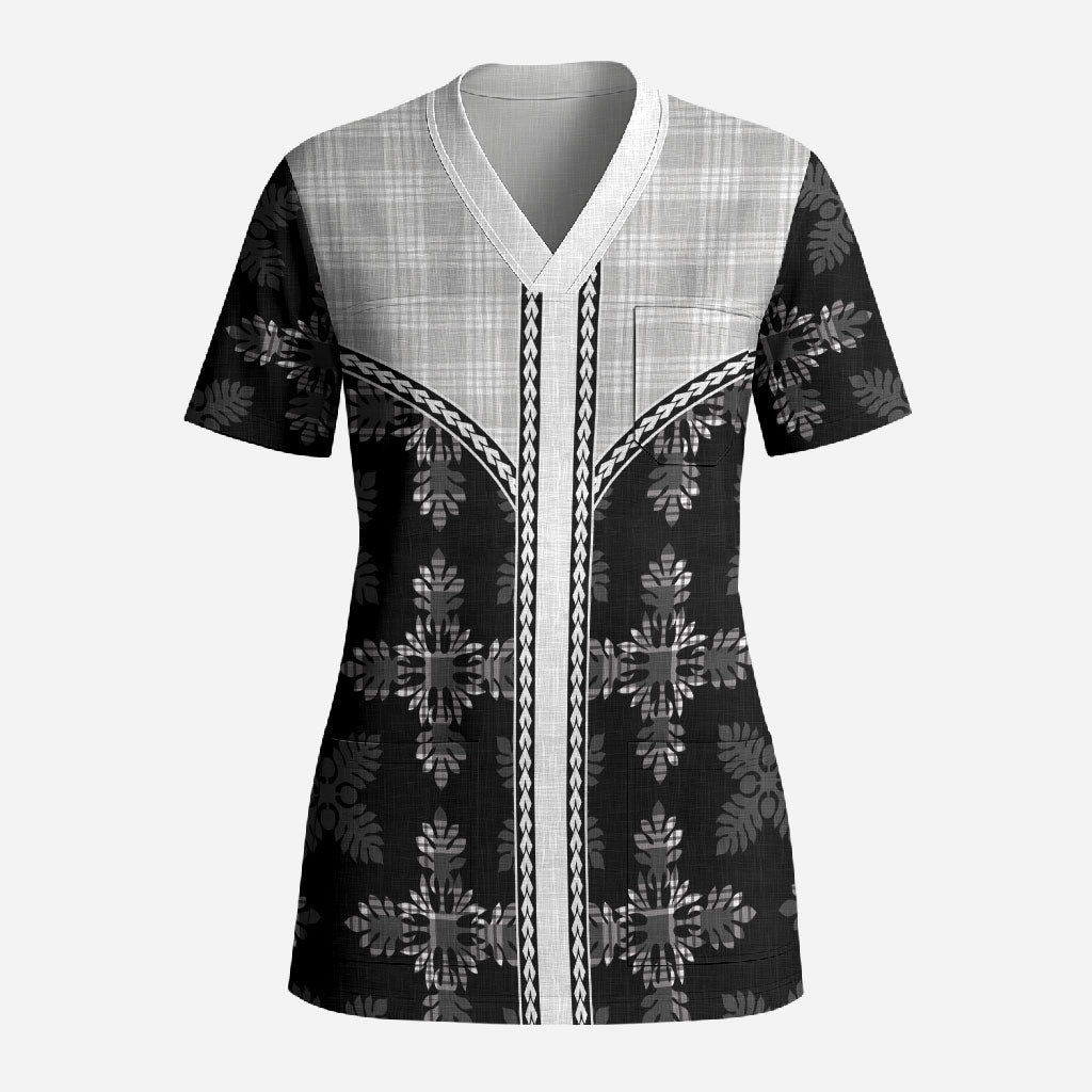 Black Hawaii Paniolo Quilt Motif Scrub Top