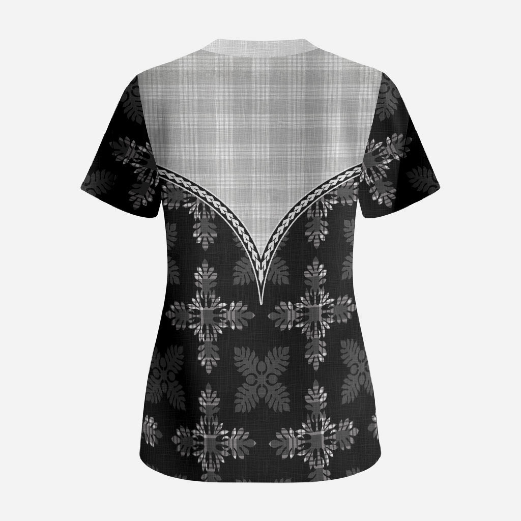 Black Hawaii Paniolo Quilt Motif Scrub Top