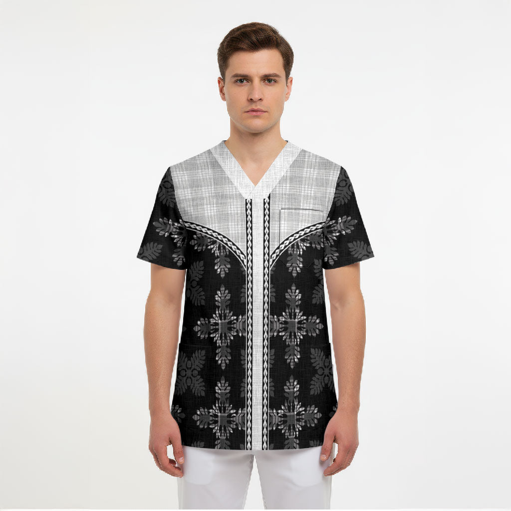 Black Hawaii Paniolo Quilt Motif Scrub Top