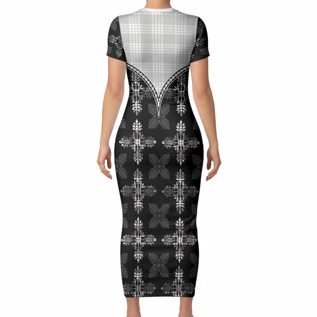 Black Hawaii Paniolo Quilt Motif Short Sleeve Bodycon Dress