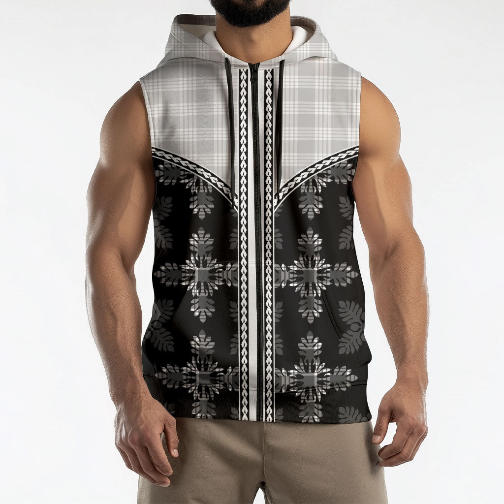 Black Hawaii Paniolo Quilt Motif Sleeveless Zip Hoodie