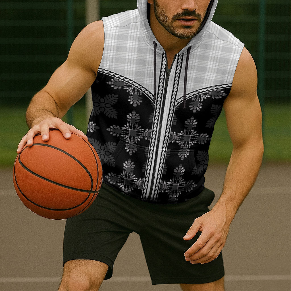 Black Hawaii Paniolo Quilt Motif Sleeveless Zip Hoodie