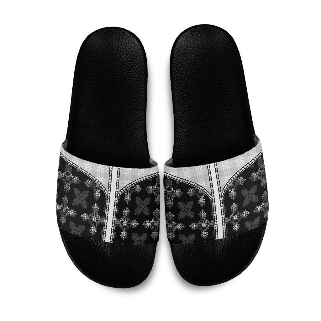 Black Hawaii Paniolo Quilt Motif Slide Sandals LT05 Black - Polynesian Pride