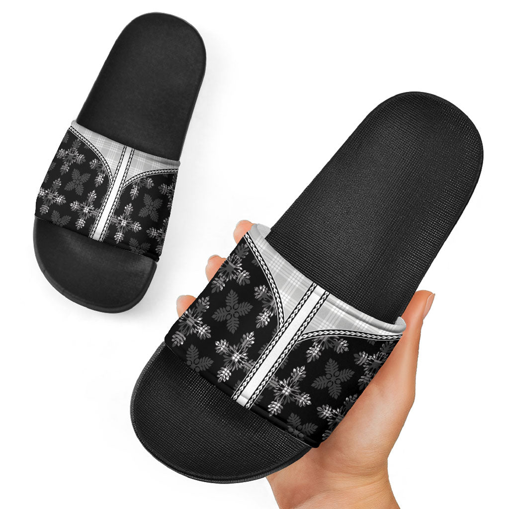 Black Hawaii Paniolo Quilt Motif Slide Sandals