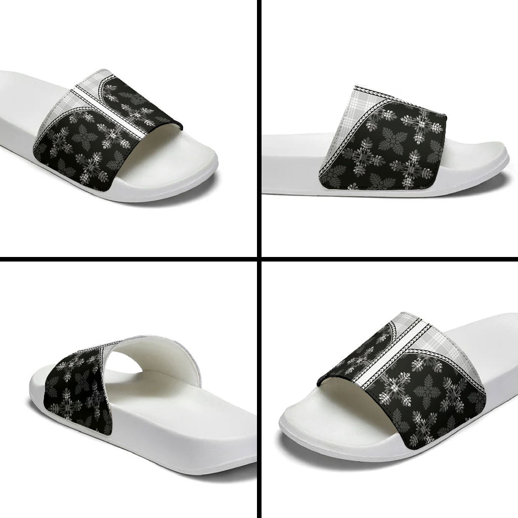 Black Hawaii Paniolo Quilt Motif Slide Sandals