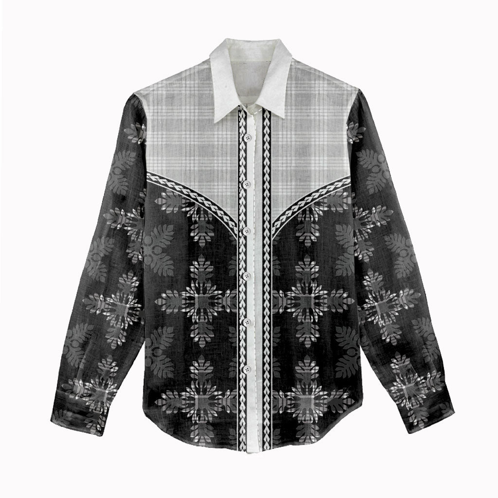 Black Hawaii Paniolo Quilt Motif Women Casual Shirt
