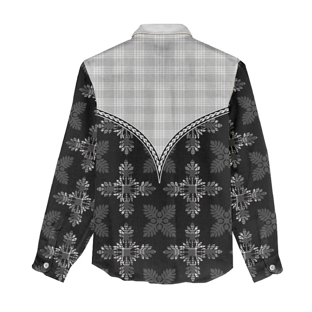 Black Hawaii Paniolo Quilt Motif Women Casual Shirt
