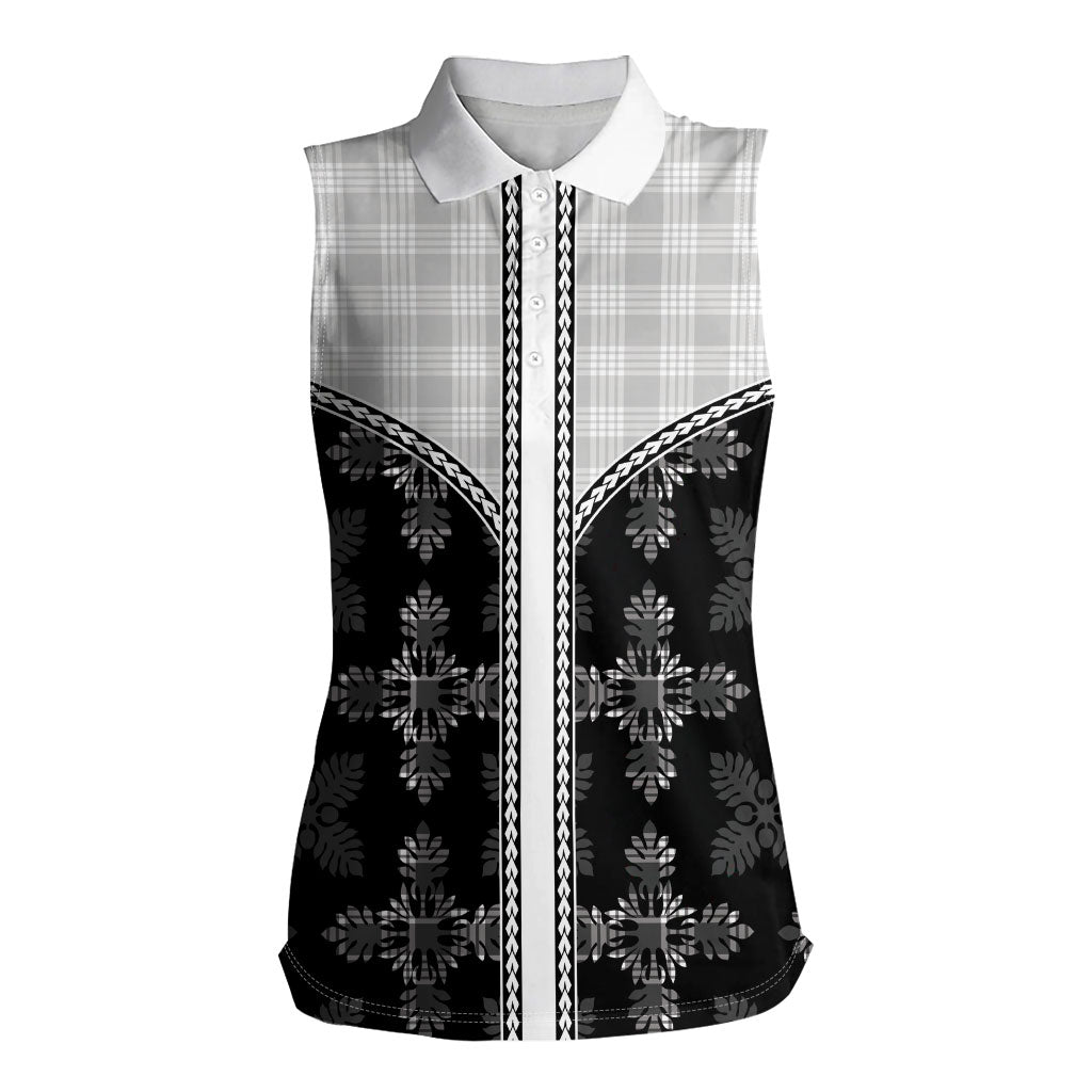 Black Hawaii Paniolo Quilt Motif Women Sleeveless Polo Shirt LT05 Female Black - Polynesian Pride