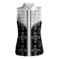 Black Hawaii Paniolo Quilt Motif Women Sleeveless Polo Shirt