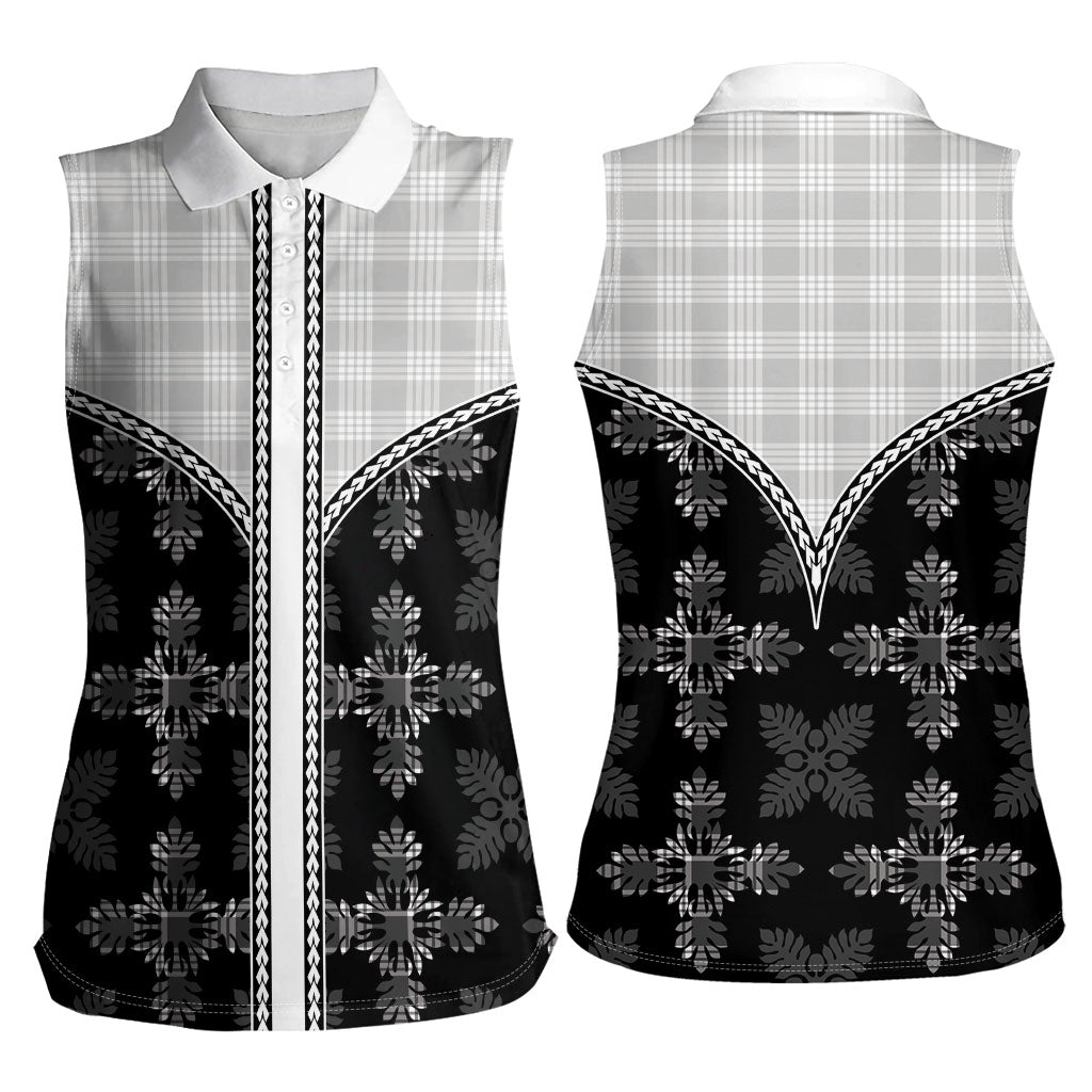 Black Hawaii Paniolo Quilt Motif Women Sleeveless Polo Shirt