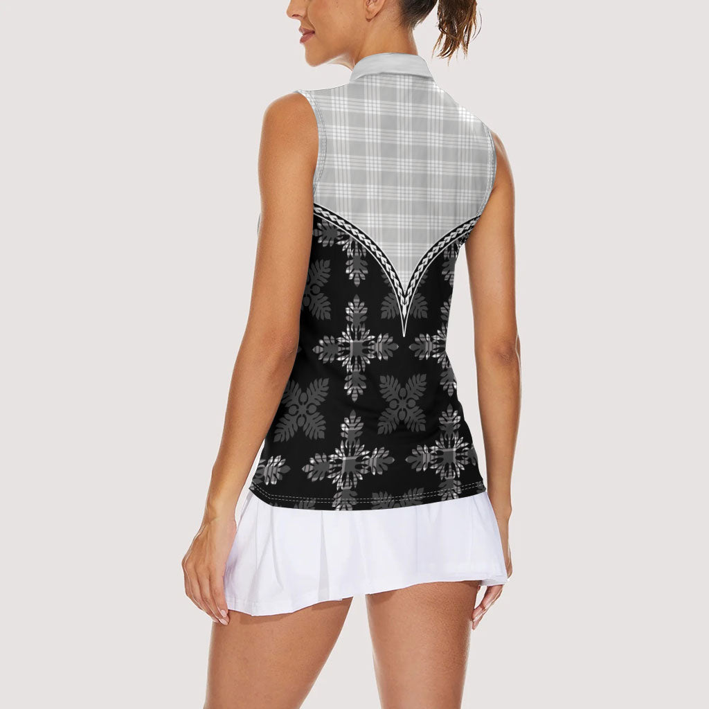 Black Hawaii Paniolo Quilt Motif Women Sleeveless Polo Shirt