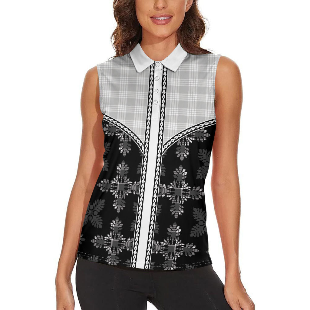 Black Hawaii Paniolo Quilt Motif Women Sleeveless Polo Shirt