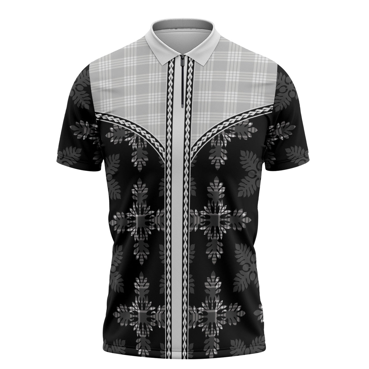 Black Hawaii Paniolo Quilt Motif Zipper Polo Shirt