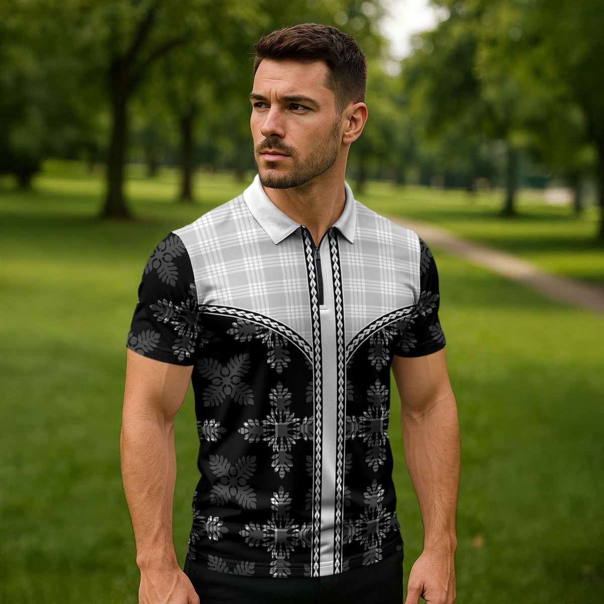 Black Hawaii Paniolo Quilt Motif Zipper Polo Shirt